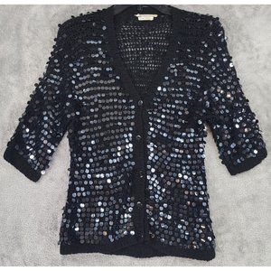 Made In Italy Womens Small Black Sequined Wool Button Up Vintage Cardigan